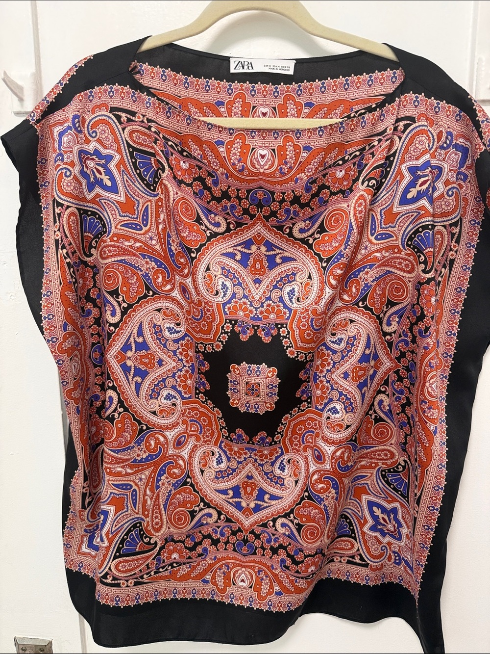 Zara Black Blouse with Red & Blue Paisley Print
